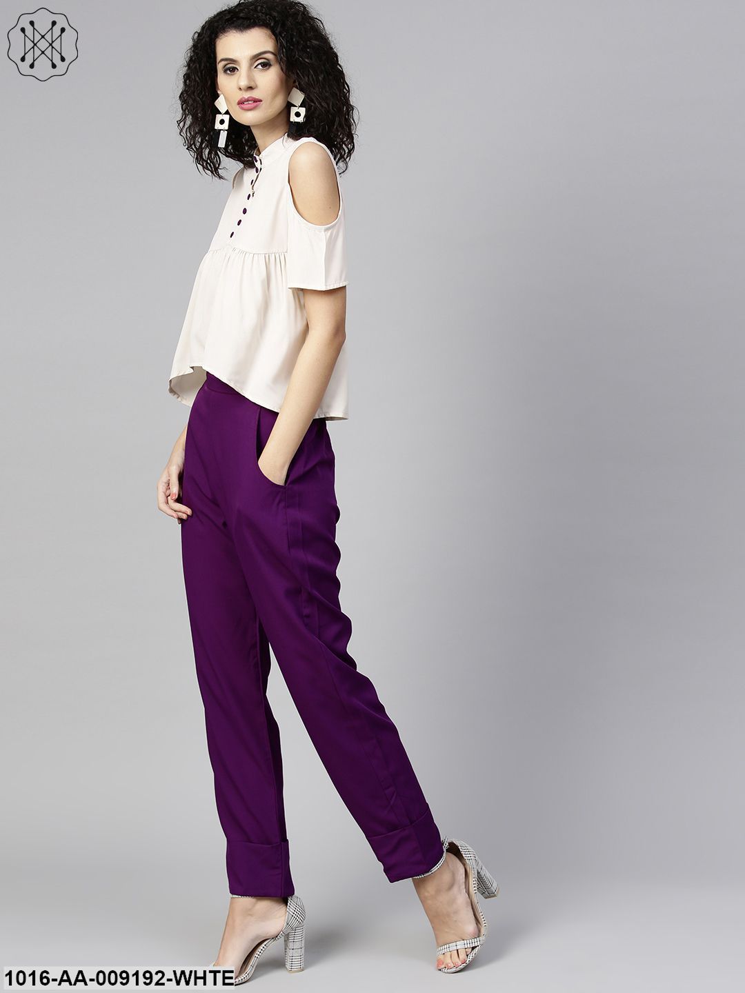 White Short Cold Shoulder Sleeve Tops With Purple Pallazo