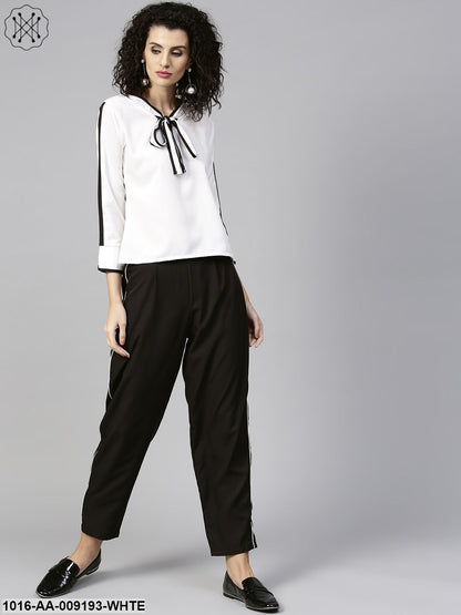 White Full Sleeve Tie Design Tops With Black Ankle Length Pallazo
