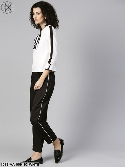 White Full Sleeve Tie Design Tops With Black Ankle Length Pallazo
