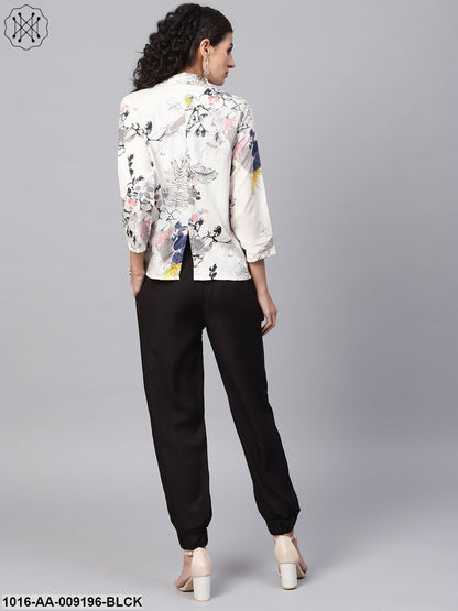 Solid Black Tops And Palazzo With Cream Floral Printed Jacket
