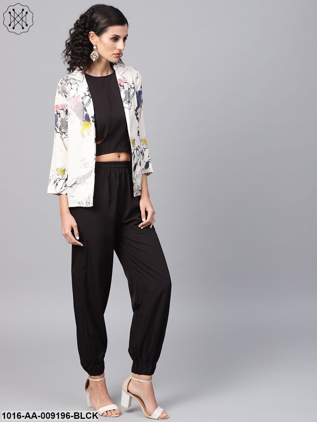 Solid Black Tops And Palazzo With Cream Floral Printed Jacket