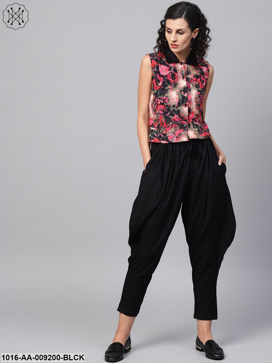 Pink & Black Printed Sleeveless Tops With Black Ankle Length Balloon Pant