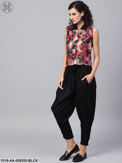 Pink & Black Printed Sleeveless Tops With Black Ankle Length Balloon Pant