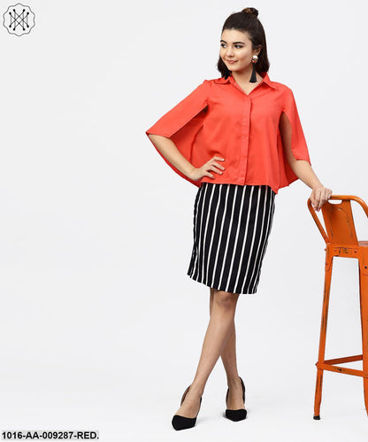 Red Cape Sleeves Formal Shirt Set With Midi Striped Skirt