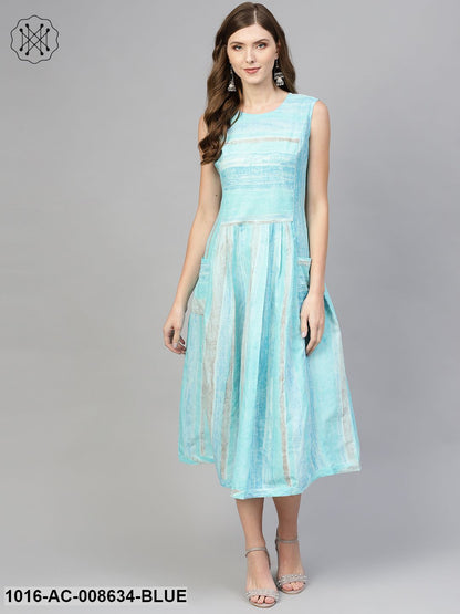 Sky Blue Striped Sleeveless Dress With Round Neck