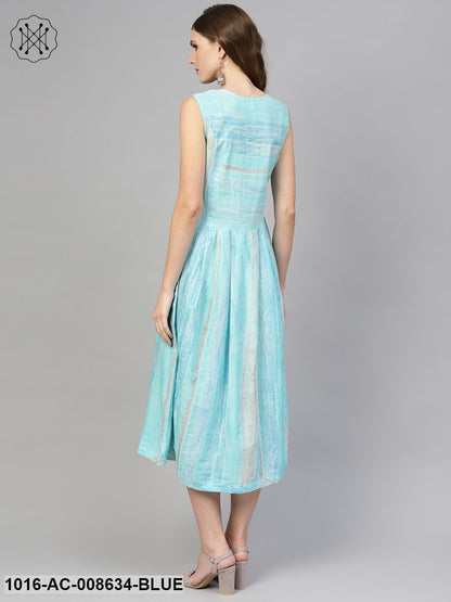 Sky Blue Striped Sleeveless Dress With Round Neck
