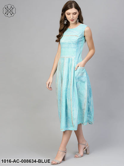 Sky Blue Striped Sleeveless Dress With Round Neck