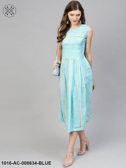Sky Blue Striped Sleeveless Dress With Round Neck