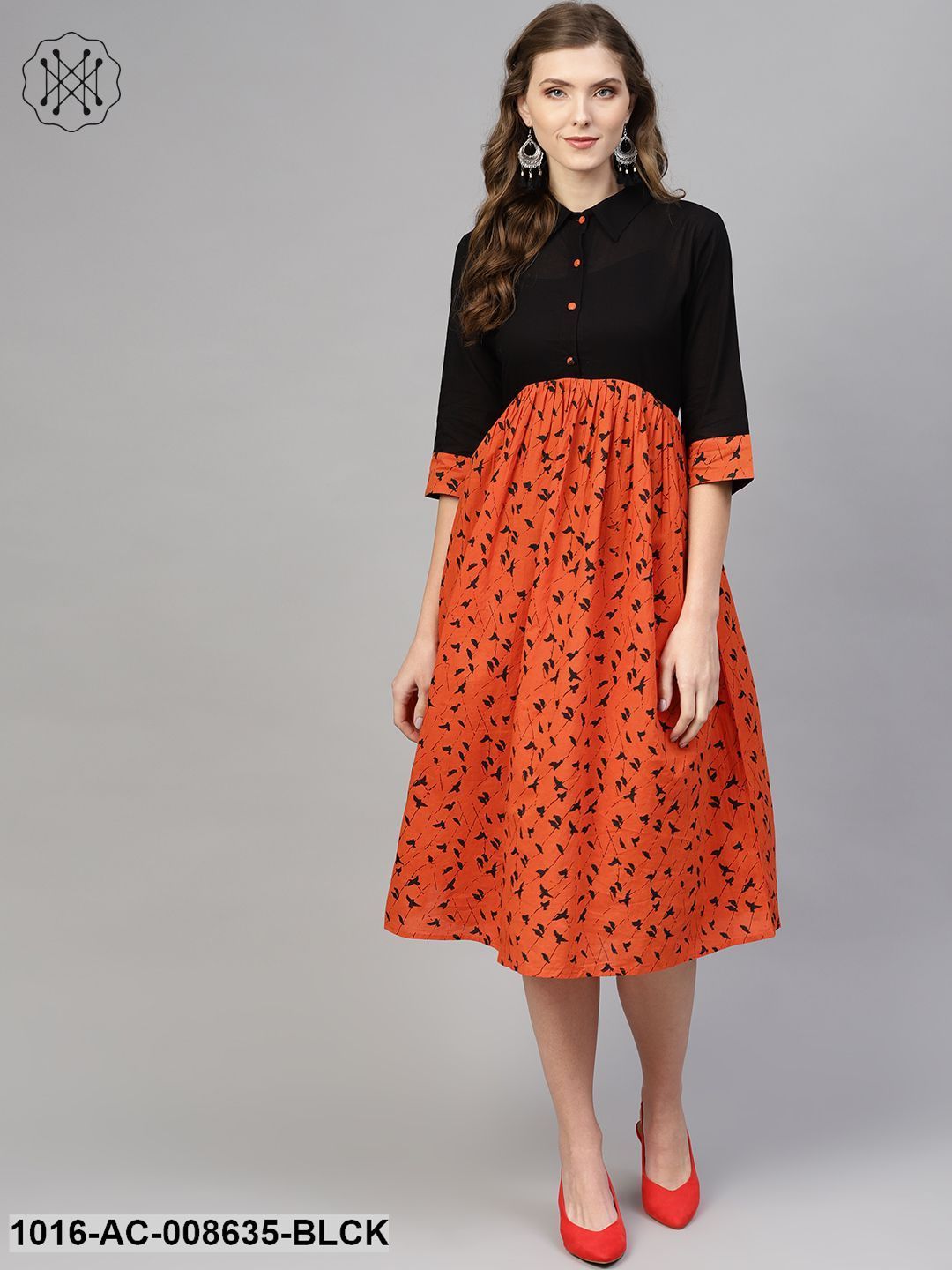 Orange & Black Gathered Dress With Shirt Collar & 3/4 Sleeves