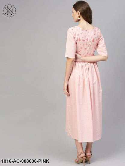 Light Pink Round Neck Dress With Printed Yoke & Half Sleeves
