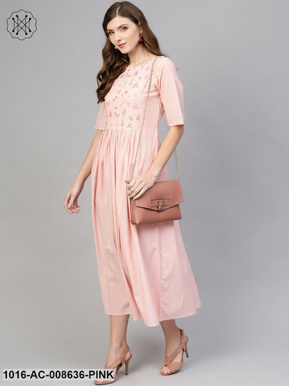 Light Pink Round Neck Dress With Printed Yoke & Half Sleeves