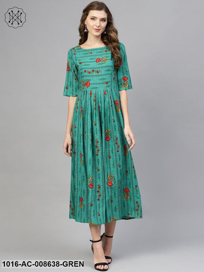 Green Ikat Printed Gathered Dress With Round Neck & 3/4 Sleeves