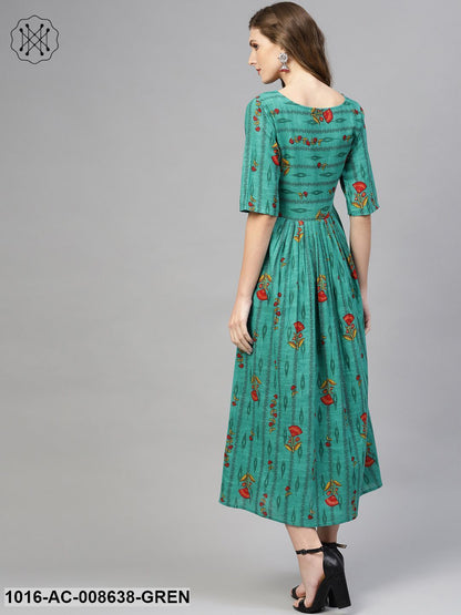 Green Ikat Printed Gathered Dress With Round Neck & 3/4 Sleeves