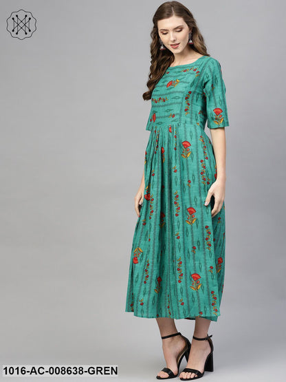 Green Ikat Printed Gathered Dress With Round Neck & 3/4 Sleeves
