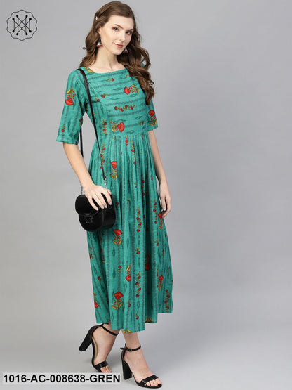 Green Ikat Printed Gathered Dress With Round Neck & 3/4 Sleeves