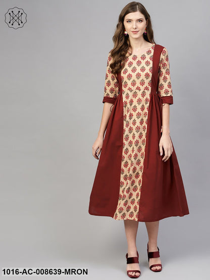 Beige & Maroon Printed Panel Dress With Round Neck & Half Sleeves