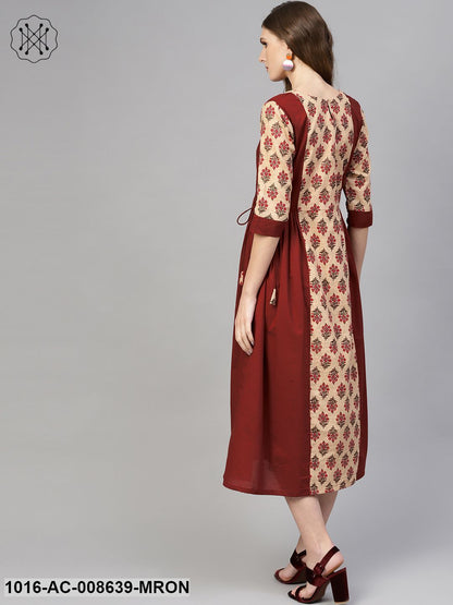 Beige & Maroon Printed Panel Dress With Round Neck & Half Sleeves