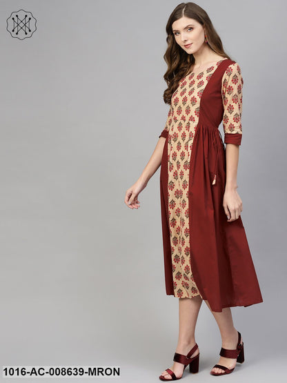 Beige & Maroon Printed Panel Dress With Round Neck & Half Sleeves