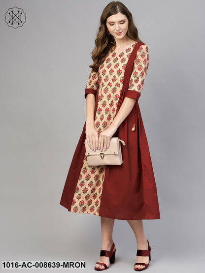 Beige & Maroon Printed Panel Dress With Round Neck & Half Sleeves