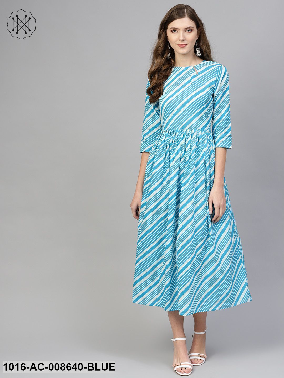 Blue & With Diagonal Striped Dress With Side Keyhole & 3/4 Sleeves