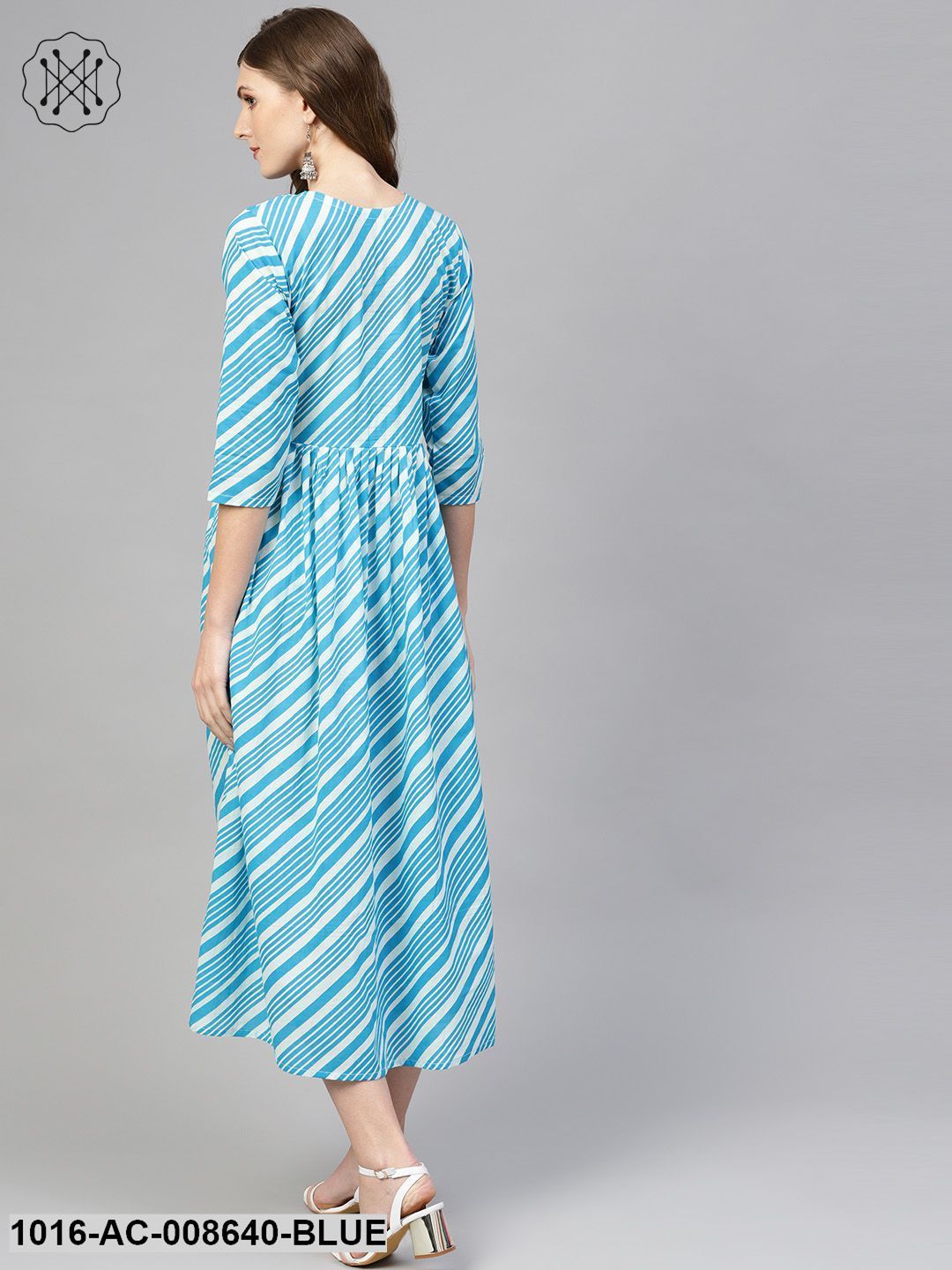 Blue & With Diagonal Striped Dress With Side Keyhole & 3/4 Sleeves