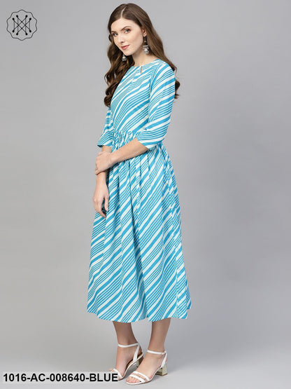 Blue & With Diagonal Striped Dress With Side Keyhole & 3/4 Sleeves