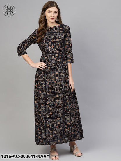 Navy Blue Gold Printed Maxi Dress With Round Neck & 3/4 Sleeves