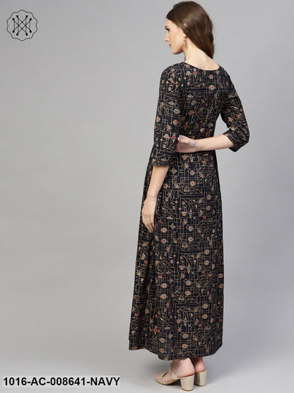 Navy Blue Gold Printed Maxi Dress With Round Neck & 3/4 Sleeves