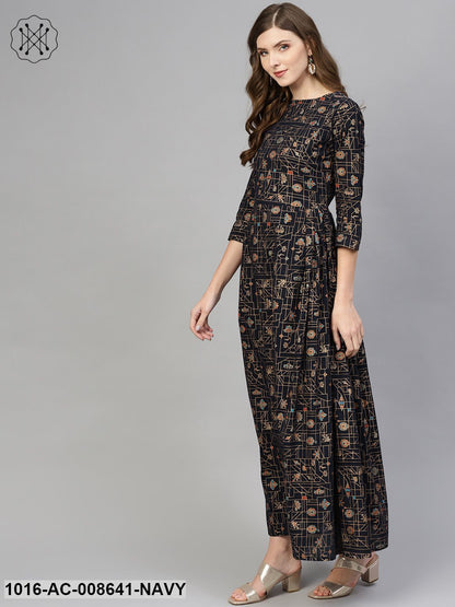 Navy Blue Gold Printed Maxi Dress With Round Neck & 3/4 Sleeves