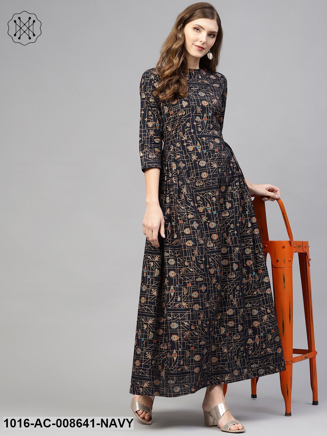 Navy Blue Gold Printed Maxi Dress With Round Neck & 3/4 Sleeves
