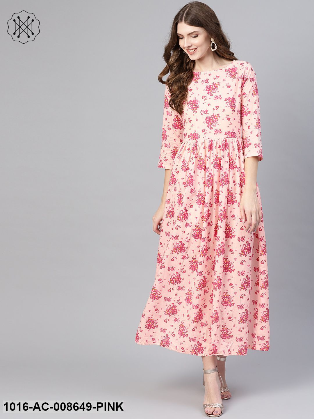 Floral Printed Pink Round Neck With 3/4Th Sleeves Gathered Maxi Dress