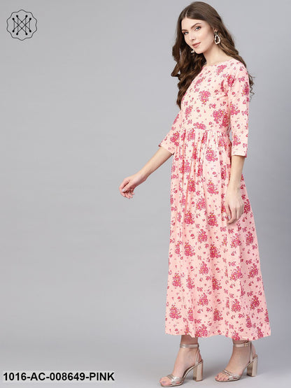 Floral Printed Pink Round Neck With 3/4Th Sleeves Gathered Maxi Dress