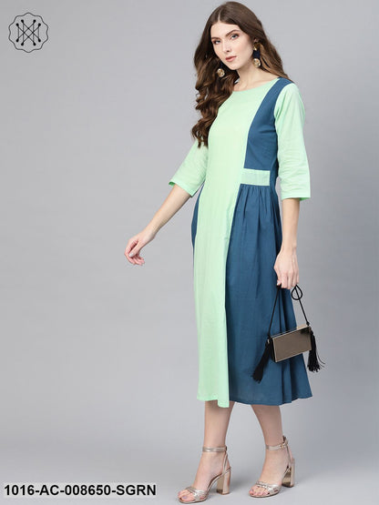 Solid Teal Blue And Pastel Pista Green Round Neck With 3/4Th Sleeves Colour Blocked Dress