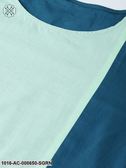Solid Teal Blue And Pastel Pista Green Round Neck With 3/4Th Sleeves Colour Blocked Dress