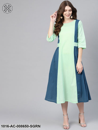 Solid Teal Blue And Pastel Pista Green Round Neck With 3/4Th Sleeves Colour Blocked Dress
