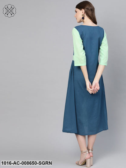 Solid Teal Blue And Pastel Pista Green Round Neck With 3/4Th Sleeves Colour Blocked Dress