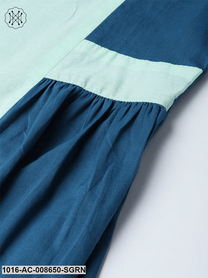 Solid Teal Blue And Pastel Pista Green Round Neck With 3/4Th Sleeves Colour Blocked Dress