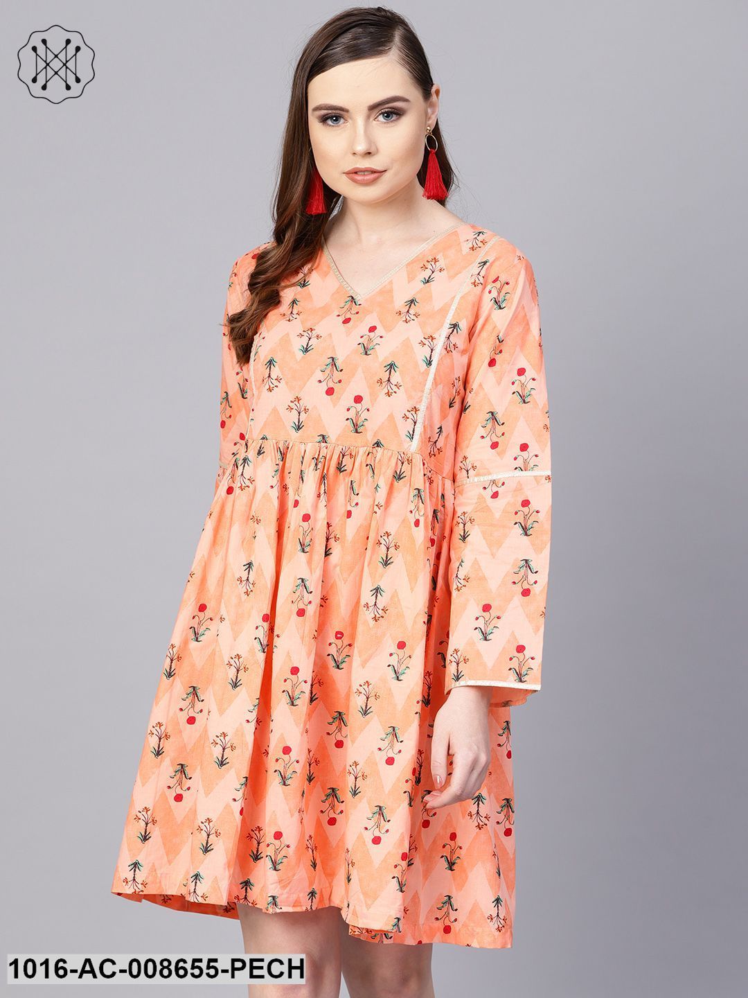 Peach Full Sleeve Cotton A-Line Dress
