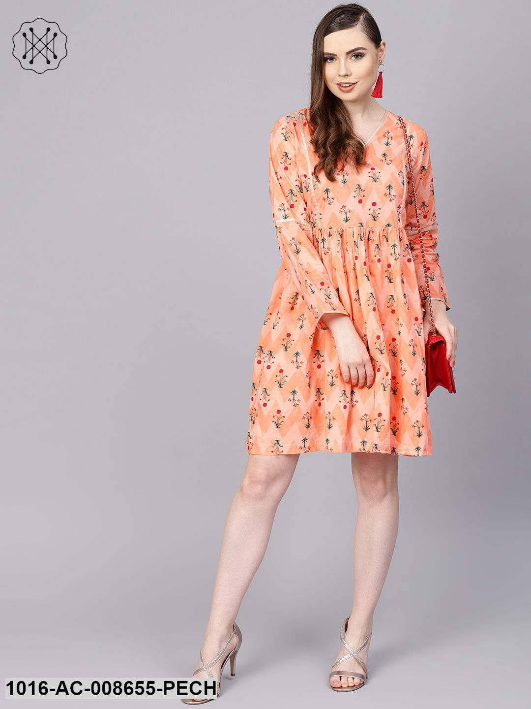 Peach Full Sleeve Cotton A-Line Dress