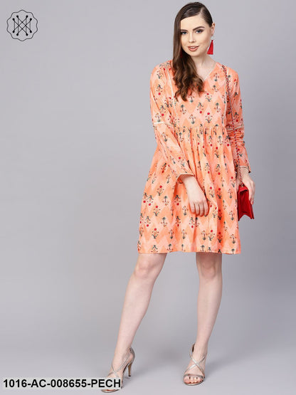 Peach Full Sleeve Cotton A-Line Dress