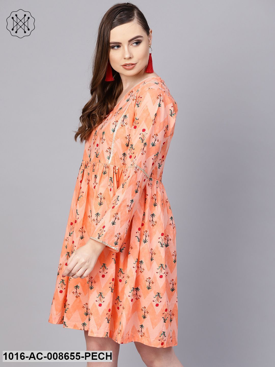 Peach Full Sleeve Cotton A-Line Dress