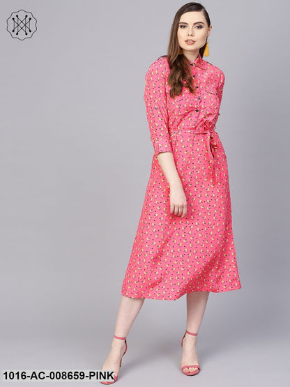 Pink 3/4Th Sleeve A-Line Dress With Belt