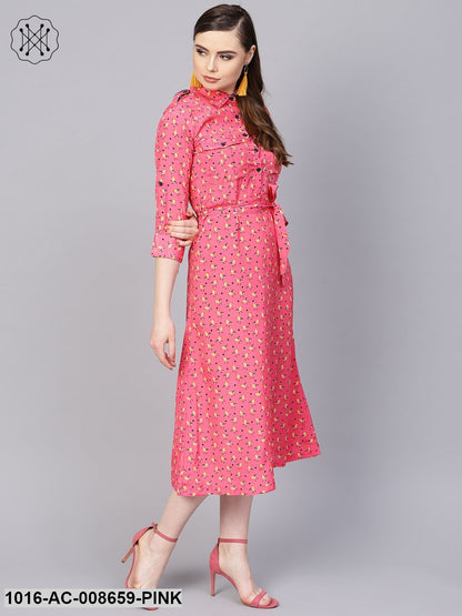 Pink 3/4Th Sleeve A-Line Dress With Belt