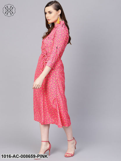 Pink 3/4Th Sleeve A-Line Dress With Belt