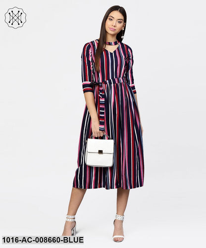 Striped Printed 3/4Th Sleeve Choker Neckline Full Length Dress With Belt