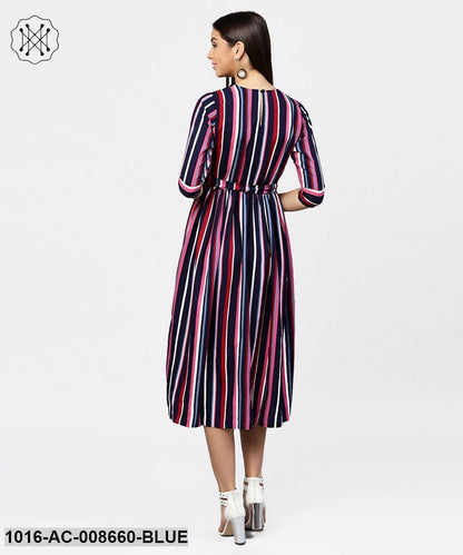 Striped Printed 3/4Th Sleeve Choker Neckline Full Length Dress With Belt