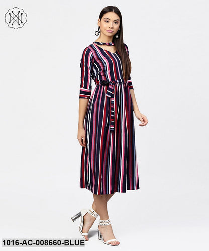 Striped Printed 3/4Th Sleeve Choker Neckline Full Length Dress With Belt