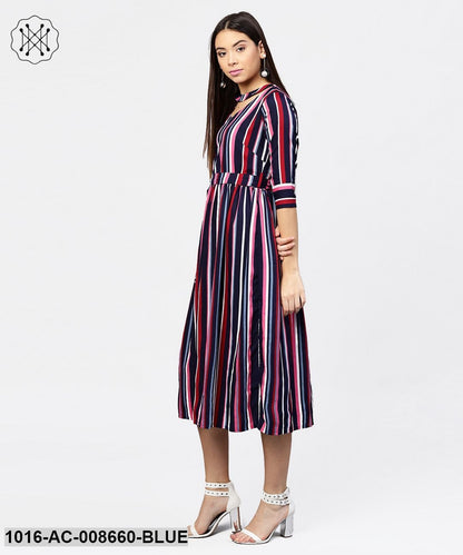 Striped Printed 3/4Th Sleeve Choker Neckline Full Length Dress With Belt