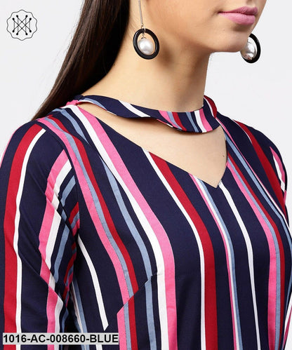 Striped Printed 3/4Th Sleeve Choker Neckline Full Length Dress With Belt