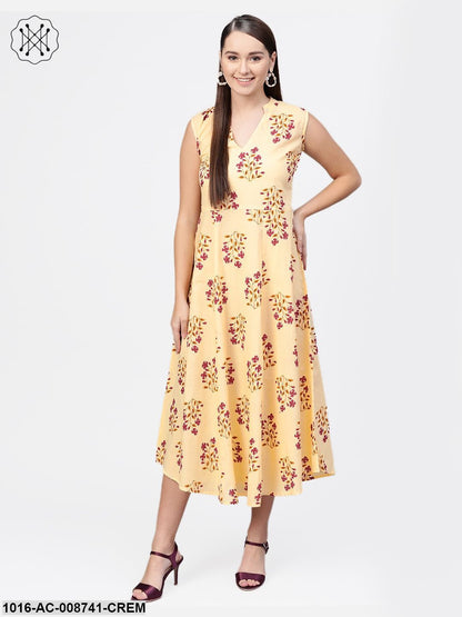 Cream Multi Coloured Floral Sleeveless A- line dress with Mandarin Colour